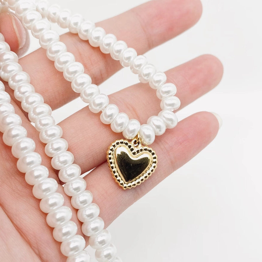 18k Gold Plated Heart-Shaped Charm Pearl Beaded Necklace