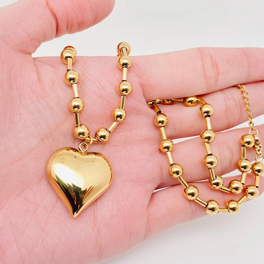 Large Heart Charm 18K Gold Plated Steel Necklace